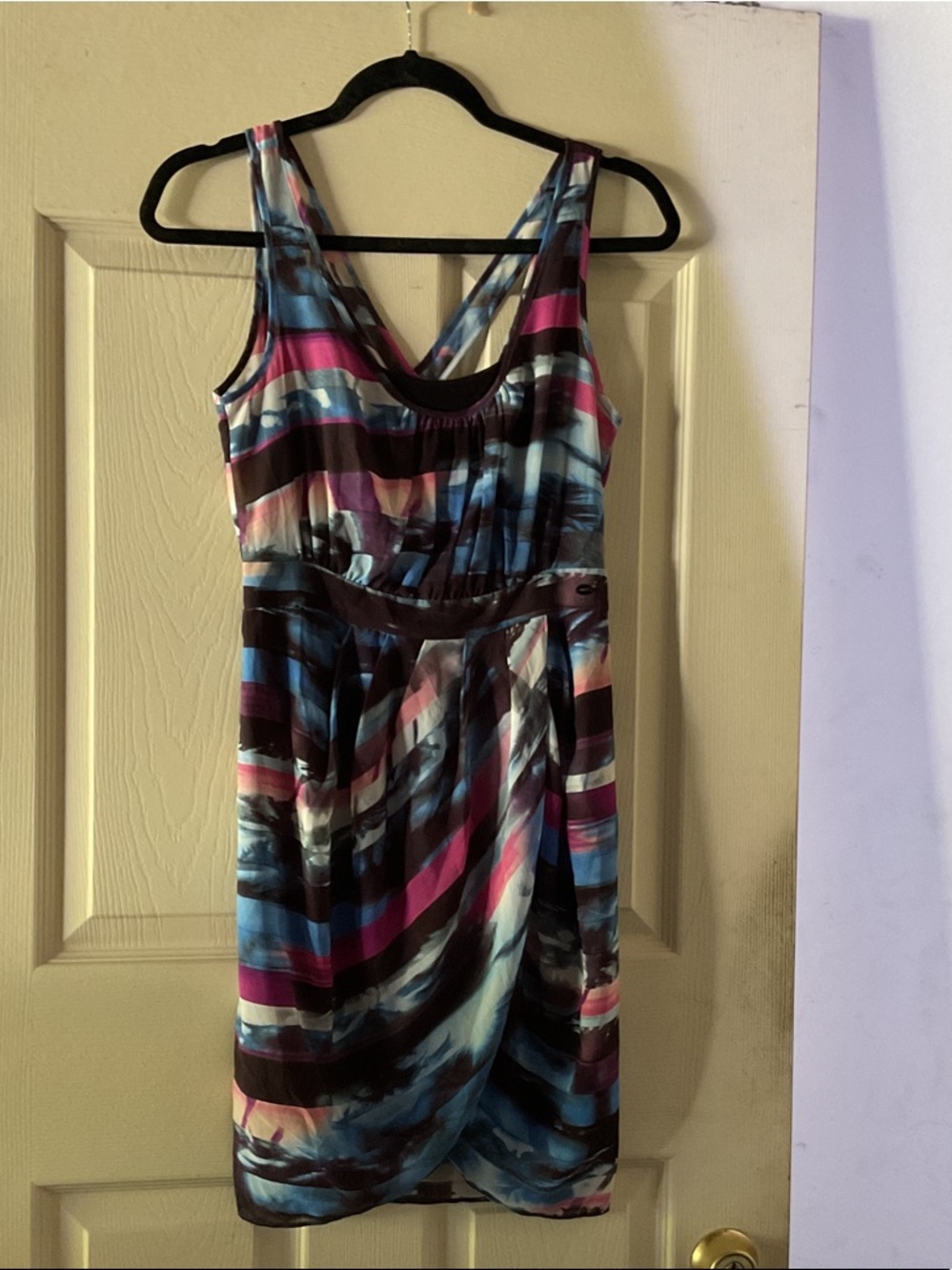 Guess One-Shoulder Multi-Stripe Cocktail Dress in Blue, Pink, Black & White